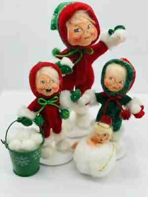 AnnaLee Mobilitee Doll Lot Of 4 Snowball Fight Kids Mom Cherub Ornament