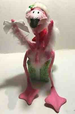 Annalee 2011 10 ? Christmas Flamingo Sitting On Fabric Wrapped Gift