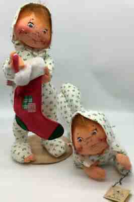 19â? Set Of 2 Annalee Dolls Christmas Babies in Pjs Pajamas 1990 Open Blue Eyes