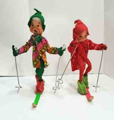 2 Vintage Annalee Mobilitee Skier Dolls With Poles and One Ski Each 1970