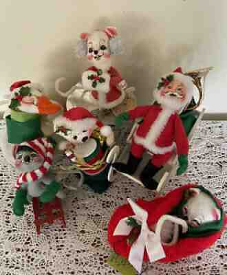 Annalee Dolls 6 Christmas Holiday Lot Santa Sleigh Mouse Slipper Goose Excellent