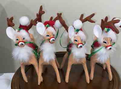 Set Of 4 ANNALEE DOLL 8 INCH REINDEER Red Hat White Pompom Dated 2015