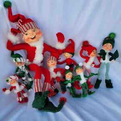 ANNALEE Christmas Elf Elves Lot of 9 RED GREEN Holly CandyCane SNOWFLAKE Sprite