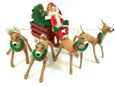 Vintage 1980 Annalee Dolls Santa with Sleigh & 4 Reindeer Meredith NH Christmas