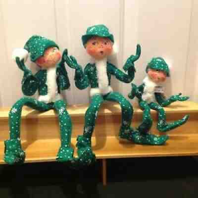 Set of 3 Annalee Green & White Snowflake Doll Shelf Sitter Elfs /Elves 2007