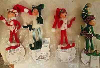 4* Vintage New 2007 Annalee Green Red Harlequin peppermint Ribbon + Elf 9â? Lot