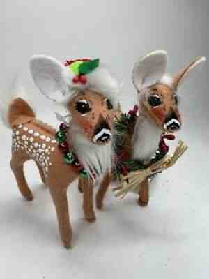 Annalee Dolls 2 Reindeer 5" Spotted Deer Fawn Bells Wreath Christmas Figurine