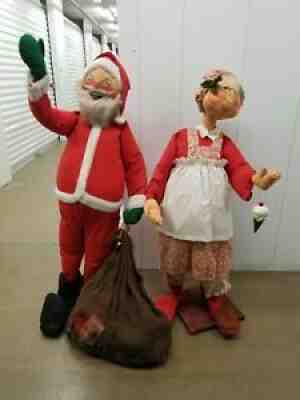 HUGE!! 50" Vintage 1970's Annalee Santa & Mrs Claus Christmas Dolls Wood Stands