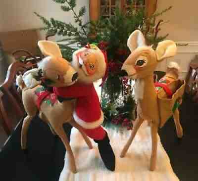 Annalee Mobilitee Dolls, Large Santa and 2 Reindeer, 20", Vintage