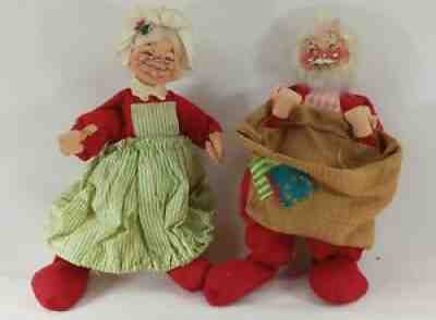 1970 Annalee SANTA & MRS CLAUS Mobilitee Wire Doll 15" Lot Holiday Burlap VTG