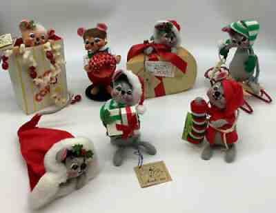 7 Annalee Christmas Mice Dolls 1988-2010 With Tags 3â?-8â? Open Eyes Mouth Teeth