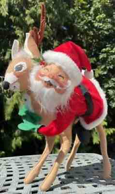 Vintage Annalee Mobilitee Doll Santa Claus Hugging Riding Reindeer 1987