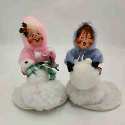 Vintage 1993 & 1994 Annalee Doll Christmas Decoration 7" Girls Building Snowman
