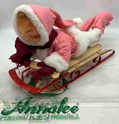 Vintage 18â? Annalee Winter Girl With Wood & Metal Sled Snow Pink 1990 EUC!