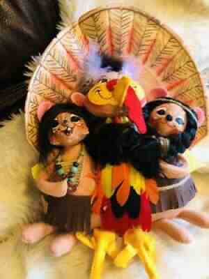 Annalee Doll 2007 "Let's Talk Turkey" Indian Mice & Turkey Trio Thanksgiving 10"
