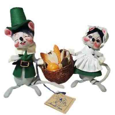 Vintage Annalee Doll Thanksgiving Mouse Pilgrim Couple Cornucopia w Original Tag