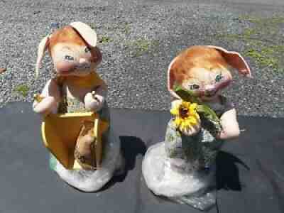 Vintage 18" Annalee Country Bunnies Sunflower Boy And Girl