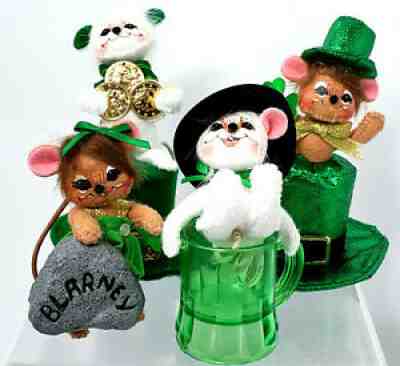 Annalee Dolls Irish Mice/Kitty Lot of 4 St. Patrick's Day Poseable 3.5-4.5"