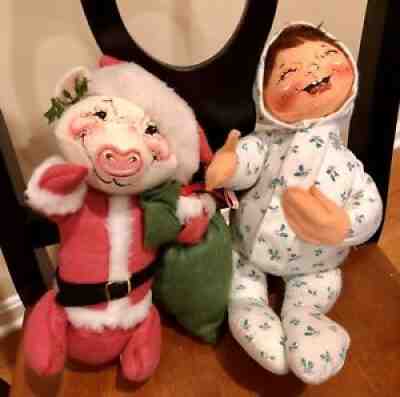 Vintage 90 Annalee Christmas Dolls Lot of 4 1-Elf, 2-Babies in PJâ??s, 1-Xmas Pig