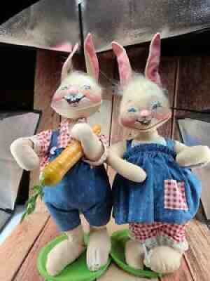 Annalee Country Girl and Boy Bunny Denim Checker With Carrot 1997 Spring Easter
