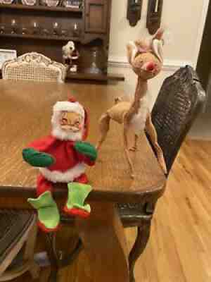 Annalee Mobilitee Dolls Santa Claus Reindeer Rudolph Red Nosed 1971 Vintage