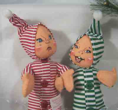Annalee Babies One Piece Striped PJ Christmas Colors Poseable Pair 2006 New MIP