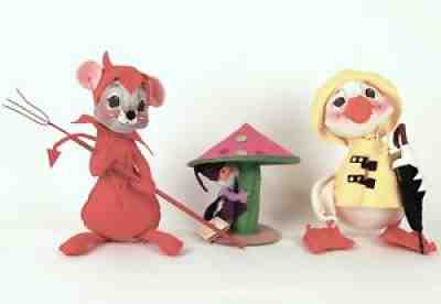 3 Annalee Dolls - Mouse Devil Pitch Fork, Duck Raincoat Umbrella, Mushroom Gnome
