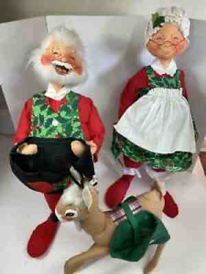 Vintage 1990 Annalee Santa & Mrs Claus LARGE 30" Christmas Dolls + Reindeer