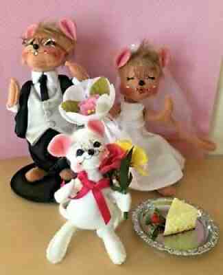 VINTAGE ANNALEE DOLL LOT OF 3 WEDDING MICE BRIDE GROOM & FLOWER MOUSE 2012