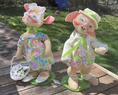VINTAGE ANNALEE SPRING EASTER BUNNY RABBIT PAIR Mr. & Mrs. 20" TALL 1991 Posable