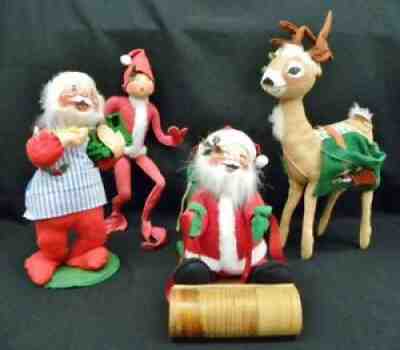 Four 19" Vintage Annalee Christmas Santa Dolls: Elf, Toy Maker, Santa, Reindeer