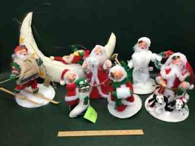 Lot of 7 Annalee Christmas Dolls ~ SANTA Skiing, On the Moon, Puppies, Stocking