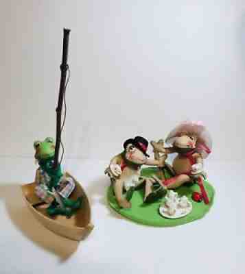Annalee dolls frogs Tea Time Toads tea set ladybug Fishing Frog Fish 1998 USA