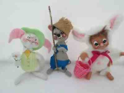 Set of 3 Easter Annalee Mouse in Bunny Costume + White Rabbit + Fishing Mouse