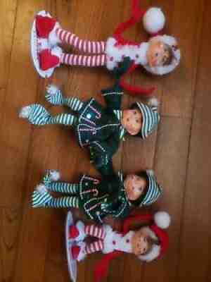 4 of 2006 /11 Annalee Christmas Elf 7"+ Green Felt Striped Leggings Posable