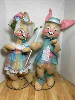 Vintage Annalee Easter Bunny Pair 1968 ? Dressed Up In Green Plaid 22" Tall