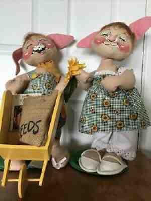 Set of 2 Annalee 18 inch Rabbits With Sunflower Motif A Country Boy and GirlÂ 
