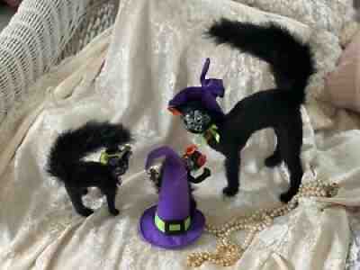 Annalee Halloween Black Scaredy Cat Trio - Momma & 2 Kittens With Hats!