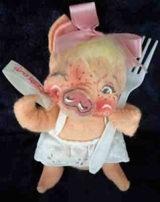 Vintage Annalee Pig 7 1/2 IN Tagged Pig 1963 Holding Fork Felt Doll Pig & Fork