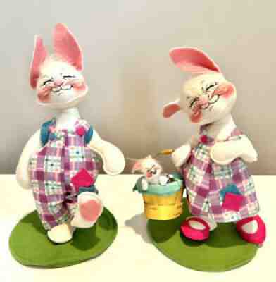 Vtg Bunny Family- 1998 Annalee Mobilitee Dolls -Mom Basket of Joy, Dad Backpack