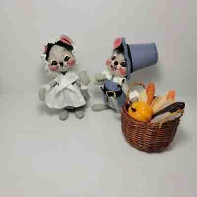 Annalee Dolls 1993 Thanksgiving Pilgrim Mice with Cornucopia Basket, Vintage