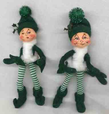 Pair of 2004 Annalee Christmas Elf 10" Green Felt Striped Leggings Posable Exc