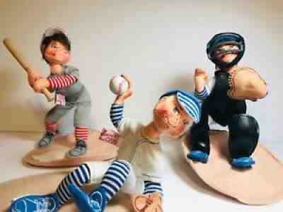 Lot (3) Annalee Dolls Winking Baseball Batter, Catcher, & Boy Throwing Ball
