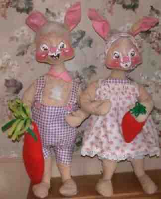 Pair Vintage Annalee Mobiletee 1970 Large Bunny Rabbits w Carrots 35" & 36"