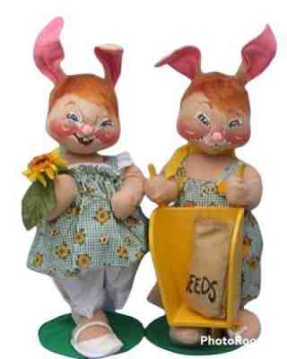 Lot 2 Annalee Country Bunny Boy w/Wheelbarrow Girl w/Flowers Rabbit 18" Dolls