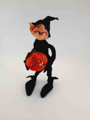Vintage Annalee Doll Boy Elf Pixie In Black Clothing Holding Pumpkin 8" Tall