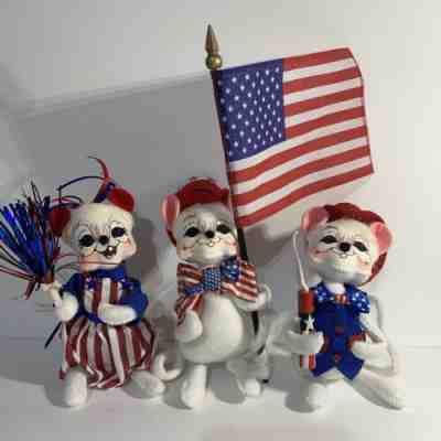 Annalee dolls lot of 3 patriotic Fourth of July Festival mice with flag firework