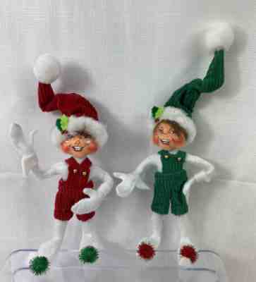 Pair Annalee Elves Red & Green In Corduroy overallsï¿¼ 6â?