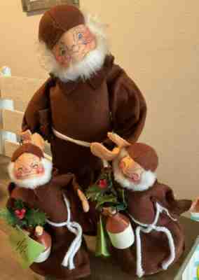3 Vintage Annalee Mobilitee Monk/Friar Dolls w/ Wine Jug Large Christmas
