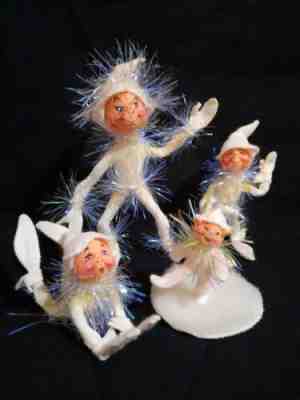 Lot of 4 Vintage 1996-97 ANNALEE Christmas Snow Elves ELF Christmas White Tinsel
